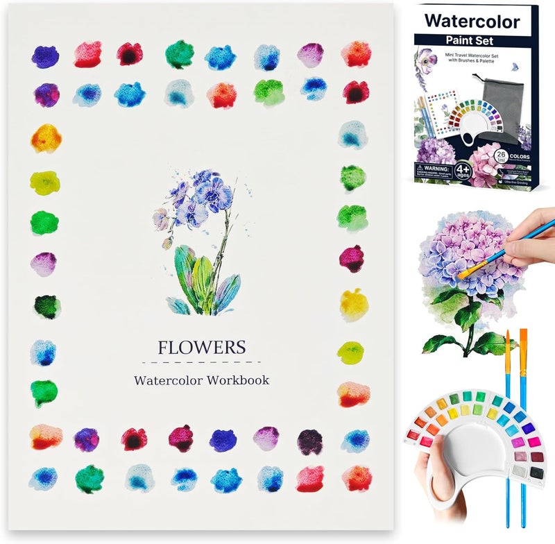 DPDPPL Watercolor Workbook, Water Coloring Book with 13 Pages 300GSM Paper, 26 Colors Watercolor Paint Set with Brush & Storage Bag, Beginner-Friendly Coloring Book for Adults - Flowers Theme Art Kit - Image 1